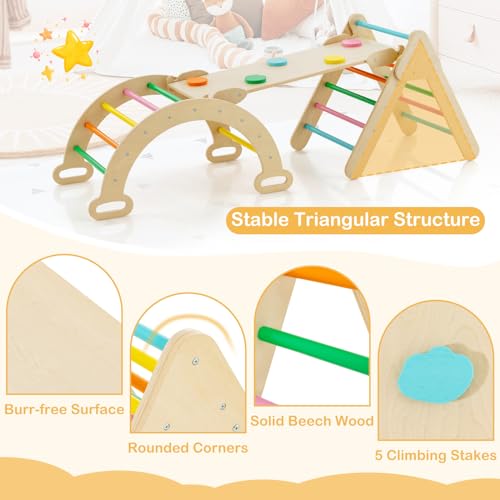 Costzon Climbing Toys for Toddlers, Foldable Montessori Wooden Arch Climber Ladder with Sliding Ramp, Multi-Combination Methods, Rainbow Kids Triangle Climber Play Gym Set for Boys Girls Gift Present - style: 5 in 1 Arch Climber Ladder, Rainbow