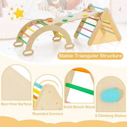 Costzon Climbing Toys for Toddlers, Foldable Montessori Wooden Arch Climber Ladder with Sliding Ramp, Multi-Combination Methods, Rainbow Kids Triangle Climber Play Gym Set for Boys Girls Gift Present - style: 5 in 1 Arch Climber Ladder, Rainbow