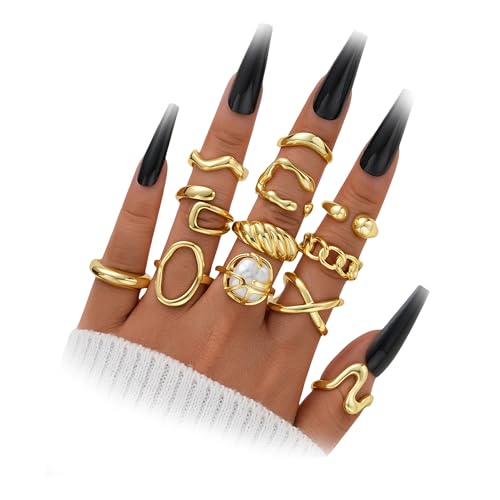 YEEZII Chunky Gold Rings for Women Non Tarnish, 18K Gold Plated Stackable Thumb Ring, Statement Women Rings Set - color: Gold-E
