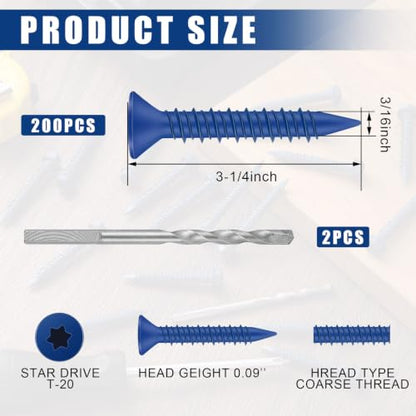 MorningRo 200 Qty 3/16" x 3-1/4" Star Head Concrete Screws Anchor with Drill Bits Blue Star Drive Bugle Head Screws for Anchor Masonry, Block, Brick, Cement, Stucco, Diamond Point and Wood Fastening - size: 3/16" X 3-1/4", style: Star Head