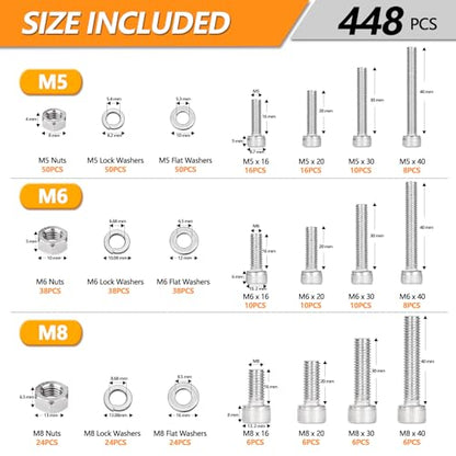 448 pcs M5/M6/M8 Metric Hex Head Socket Cap Bolt & Nut Assortment,304 Stainless Steel Metric Machine Screws, Hex Socket Head Cap Screws Nuts and Bolts Assortment Kit with Flat & Lock Washers - size: M5/M6/M8 - 448PCS