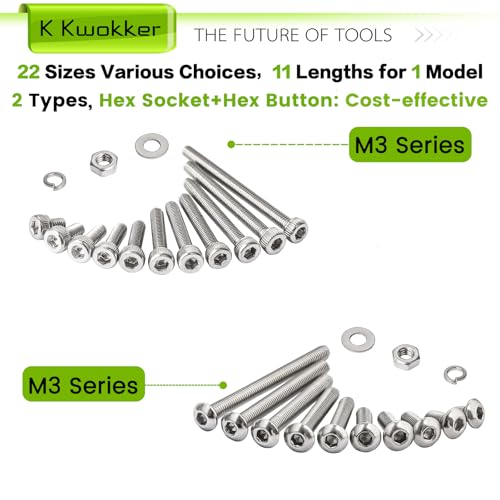 2540Pcs M3 Screws 4MM to 35MM, Socket Head & Button Head Screws, 304 Stainless Steel Assorted Nuts and Bolts Assortment Kit M3 Screw Kit with Nuts, Washer and Lock Washers - size: J. M3