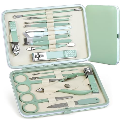 Manicure Set Pedicure Kit Nail Clippers Set Fingernail Clipper Set Ingrown Toenail Nail Kit Scissor Nail Trimmer Kit 18 Pieces Women and Men’s Care Grooming Tools with Fine Case (Tea Green_18 Pieces) - color: Tea Green_18 Pieces