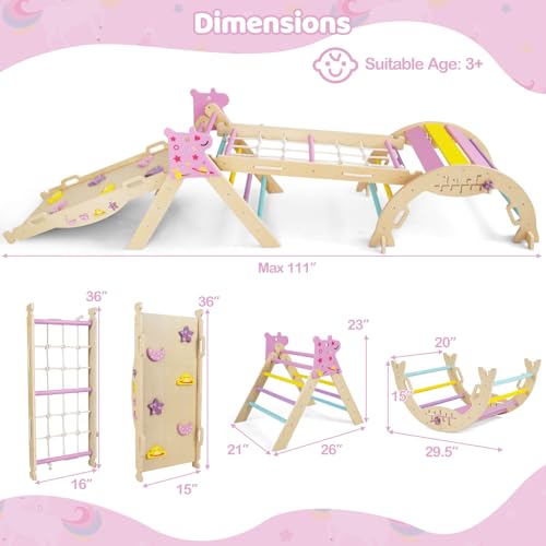 Costzon Pikler Triangle Set, 9-in-1 Foldable Baby Climbing Toys, Wood Montessori Climbing Set for Learning and Motor Skills, Indoor Playground Jungle Gym for Toddlers 3+ Climber Gifts (Pink) - style: 9 in 1 Arch Climber Ladder, Pink