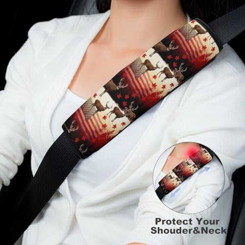 2PCS Red White Elk Deer USA American Flag Car Seat Belt Pad Breathable Shoulder Protector for Girls and Boys, Most Cars, Anti-Slip Pad - color: Pattern 757