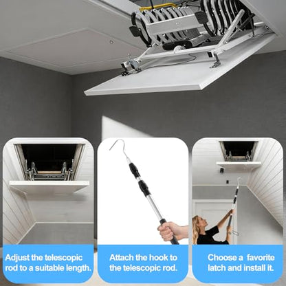 Telescopic Attic Pull Down Hook, 17" to 35" Adjustable Stainless Steel Pull Stick and Stainless Steel Pull Ring, Replacing Old-Fashioned Hanging Ropes on attic Stairs.