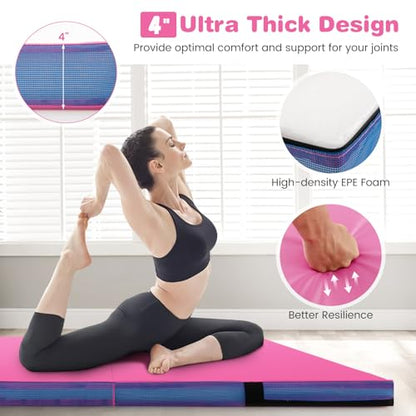Goplus 4" Thick Folding Gymnastic Mat, Thickened Bi-Fold Fitness Mat with Carrying Handles & PU Leather Cover, Home Gym Tumbling Mat for Stretching, Pilates, Aerobics Workouts - color: Rose&Blue