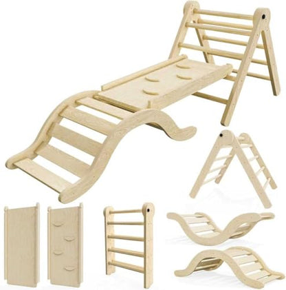 bbgroundgrm Pikler Triangle Set Climber 5 in 1, Toddler Climbing Toys Indoor Folding with Ramp & Arch for Montessori Play Gym for Toddlers and Kids (Natural)(99" Wx21 Dx23 H)