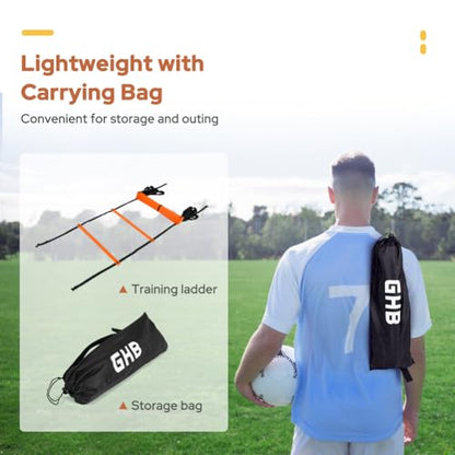 GHB Agility Ladder 1 Pack and Hex Agility Rings 1 Pack 12 Rung 20ft with 3 Carrying Bag