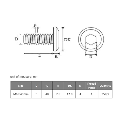 VGBUY M6-1 x 40 mm 35pcs Flat Head Hex Socket Cap Screws Metric M6 Bolts, 304 Stainless Steel 18-8, Black Zinc Plated, Full Thread, with Hex Spanner - size: M6 x 40mm(35pcs)