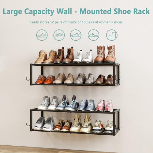 2 Pack Wall Mounted Shoe Rack, Expandable 16-29" with 4 Hooks | 2-Tier Metal Adjustable Hanging Shoe Rack Organizer Holds 16 Pairs for Entryway, Closet, Bedroom, Garage or Small Spaces - size: 29.72" W x 11" L x 7.68" H