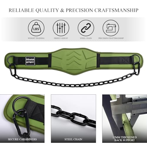 12 mm Thick Heavy Duty Dip Belt with 36 IN Steel Chain, 35" Weighted Pull Up Belt for Added Weight Training, Chin Ups, Pull Ups, Tricep Dips And More - color: Military Green