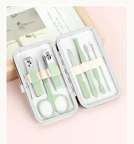Manicure Set Nail Clipper Set, 7 Pcs Matcha Green Professional Manicure Pedicure Set, Nail Care Kit Beauty Tool, Purse Essentials Travel Nail Kit with Leather Case, Gift for Men and Women