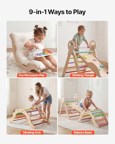 VEVOR Pikler Triangle Set, 9-in-1 Toddler Climbing Toys Indoor, with Xylophone, Cushion, Triangle, Arch, and Ramp, 150 lbs Load, Foldable Montessori Climbing Set for Toddlers and Kids, Rainbow