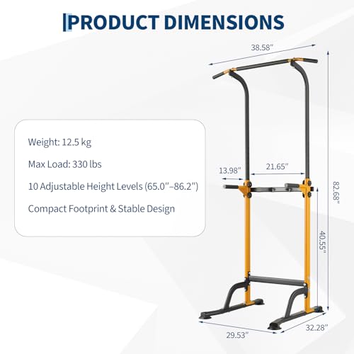 Power Tower Home Gym Strength Training Station Adjustable 10 Height Levels, Heavy-Duty Chin-Up Tower with Parallel Dip Handles, Bodyweight Workout Equipment for Pull-Ups, Dips, Knee Raises, Push-Ups, 330 Lb Capacity - color: Yellow