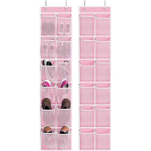 Simple Houseware 12 Pockets Large Over Door Shoe Organizer, 2 Pack, Pink | Total 24 Pockets, 56" x 12.5", Fits Standard & Narrow Door, 4 Durable Metal Hooks, 6" x 8" Pocket Size, Multipurpose - color: Pink