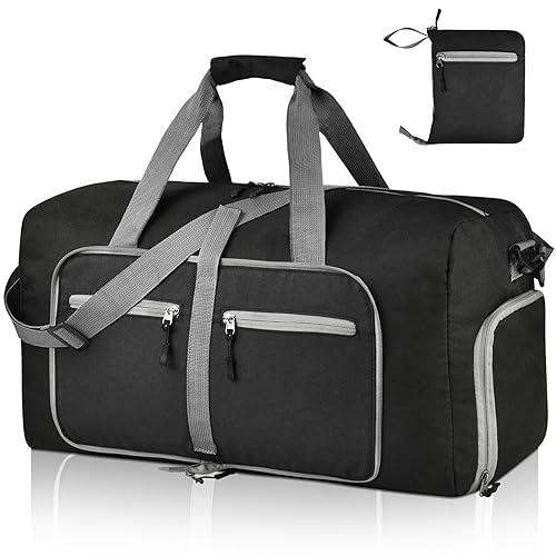 Dimayar 65L Foldable Duffle Bag, Travel & Weekender, Overnight, Gym | Lightweight, Carry-on, Packable, Waterproof & Tear Resistant, Travel Duffel Bag with Shoes Compartment for Men Women - color: Black, size: 65L