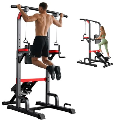 Power Tower Pull Up Bar Free Standing,Multi-Level Adjustable Height Dip Station, Multi-Grip Handles,Backrest,Home Gym Strength Training Equipment with Power Elastic Ropes,Capacity 400LBS