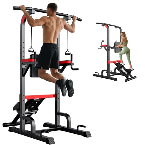 Power Tower Pull Up Bar Free Standing,Multi-Level Adjustable Height Dip Station, Multi-Grip Handles,Backrest,Home Gym Strength Training Equipment with Power Elastic Ropes,Capacity 400LBS