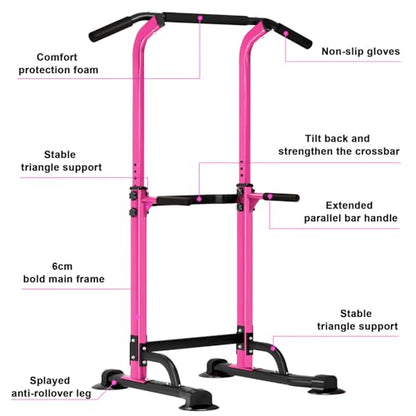 SogesHome Multi-Function Power Tower Pull Up Bar Dip Station for Home Gym | Height Adjustable PullUp Dip Stand, Full Body Strength Training Equipment, Fitness Workout for Push Ups Dips, 330LB Capacity - color: Pink