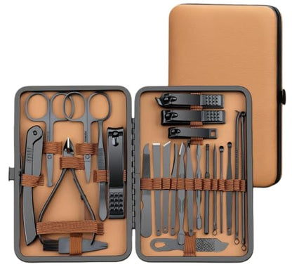 24pcs Manicure Pedicure Kit, Portable Nail Clipper Set with Brown Travel Case
