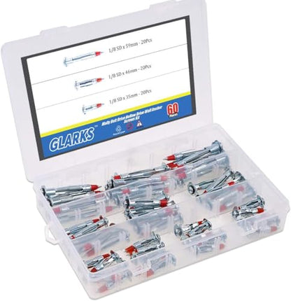 Glarks 60Pcs Heavy Duty 1/8 inch 35/46/59mm Zinc Plated Steel Molly Bolt Drive Hollow Drive Wall Anchor Screws Assortment Kit - size: 1/8SDx35mm, 1/8SDx46mm, 1/8SLDx59mm Kit