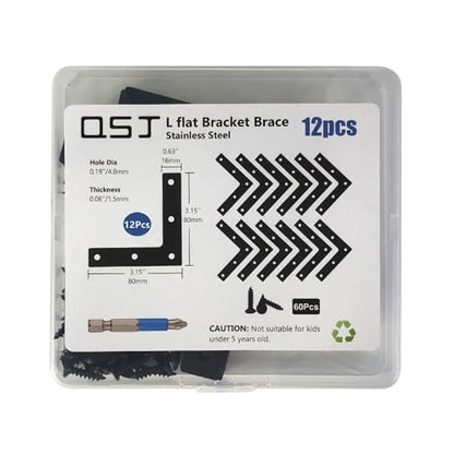QSJ 12 Pcs L Flat Straight Brackets Corner Bracket Set 3.15'' Bracket Brace Mending Plate Stainless Steel for Wood - size: Black, 3.15x3.15''