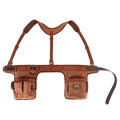 Tool Belt Bag with Suspenders-Carpenter Electrician Padded 5+ Pockets-Small | Heavy Duty Work Belt ,with Hammer Holder, Fit 28-42 inch Waist,Oil-Waxed Canvas, Leather Reinforcement, Multi-purpose Pockets