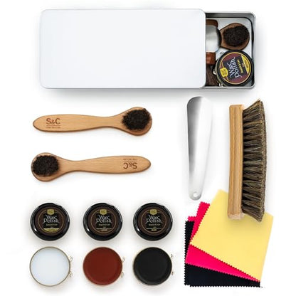 Stone and Clark Leather Shoe Shine Kit - 13 PCS Shoe Polish Kit for Complete Leather Boot Care, Compact & Travel Friendly - style: Metal Box