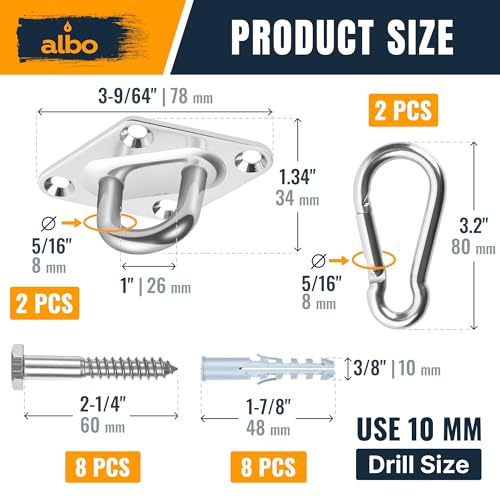 Albo Diamond Plate 2650lbs Swing Hangers 2 PCS - Heavy Duty Ceiling Mount Hooks with Snap Carabiners, 304 Stainless Steel for Wood & Concrete & Metal, Indoor Outdoor Anchor for Hammock, Yoga, TRX - size: Diamond 2pcs Silver