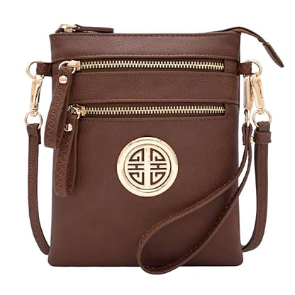 Solene Small Multi Zipper Pockets Crossbody Bag with Detachable Wristlet - color: Coffee