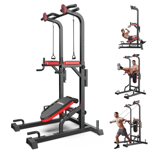 Pooboo Power Tower Dip Station Pull Up Bar for Fitness Home Gym Workout,450 Pounds Multi-Function Adjustable Height Fitness Strength Training Exercise Equipment,with Power Elastic Ropes - color: Black-05