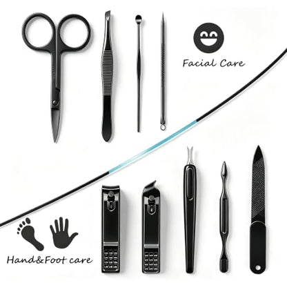 HANTEKAS Manicure Set 9 in 1 Stainless Steel, Nail Clippers Scissors Pedicure Tools Kit - Portable Travel Grooming Kit for Men and Women with Black/Blue Leather Case (Blue) - color: Blue