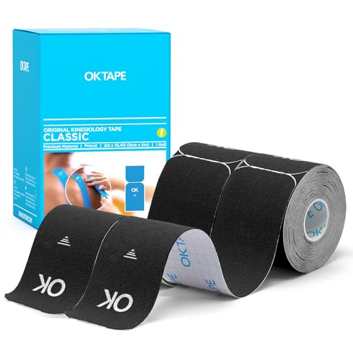 OK TAPE Kinesiology Tape Precut 20 Strips Elastic Tape 2inx16ft, 2 Rolls | Professional-Grade Water-Resistant & Breathable Ankle Tape for Sports Injury Recovery, Support Black - color: Black, size: 2 Rolls