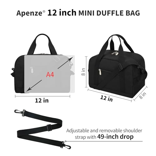Apenze Small Gym Bag Carry On Bag - 12 in Mini Duffle Bag Lightweight for Overnight Travel（Black） - color: Black, size: 12inch