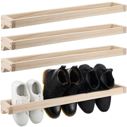 4 Pcs Wall Mounted Wooden Shoe Rack 30 Inch Rustic Wood Wall Hanging Shoe Rack Space Saving Footwear Holder Shoes Storage Organizer for Mudroom, Entryway, Closet (Wood Color) - color: Wood Color