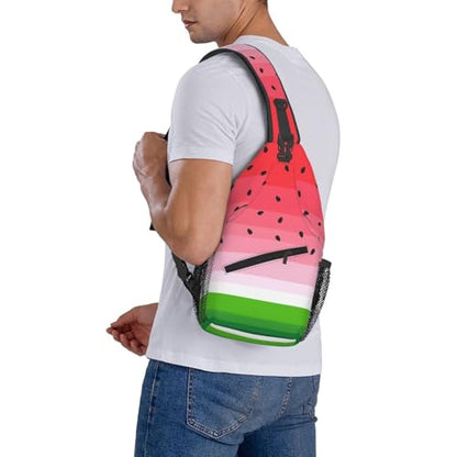 Cute Cartoon Watermelon Crossbody Sling Bags for Women Men Watermelon Background with Black Seeds Travel Sling Backpack Casual Shoulder Bag Tropical Summer Fruit Gym Sports Hiking Daypack - color: Red Pink Green