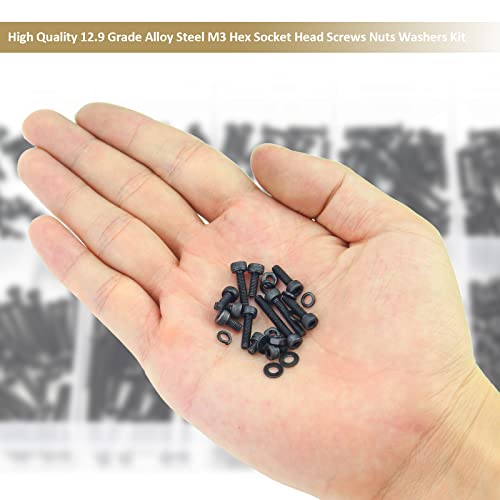 562 Pieces Black M3 x 4/6 /8/10 /12/16 /20mm Hex Socket Head Cap Screws Nuts Washers Assortment Kit, 12.9 Grade Alloy Steel - size: M3, style: Socket Head