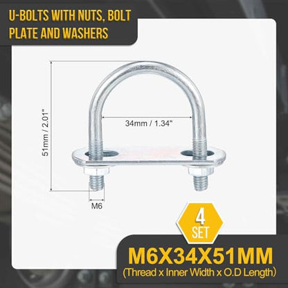 DTGN M6x34x51mm U Bolts Round Kit - 4Set - Carbon Steel U-Bolt Kit with Nuts, Washers, Frame Plate - Good for Pipe, Trailer, Automotive, Leaf Spring Fastener - size: M6x34x51mm