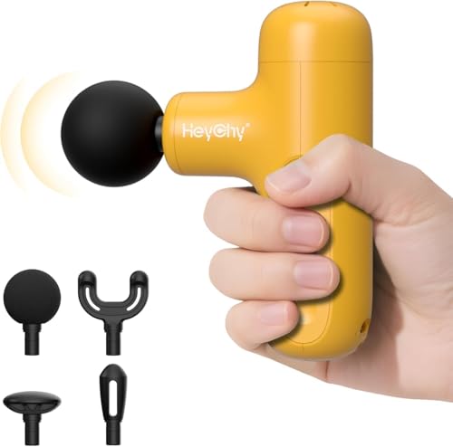 HEYCHY Super Mini Massage Gun Deep Tissue, Handheld Muscle Massager with 4 Heads, Percussion Travel Size Massager Gun FSA Eligible for Men Women Back Relief, Quiet for Home, Gym, Office, HSA, Yellow - color: Yellow