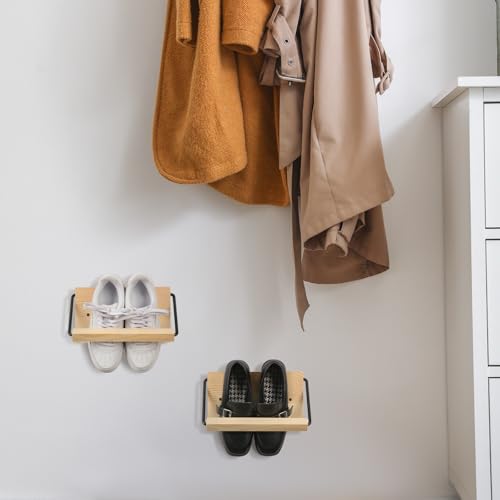 Mifoci 2 Pcs Wall Mounted Shoe Rack Organizer Wooden Modern Compact Wall Space Saving Shoe Holder Storage for Sneaker Footwear Slipper Boots Entryway Narrow Spaces Hallway(9.84'' Long) - size: 9.84'' Long