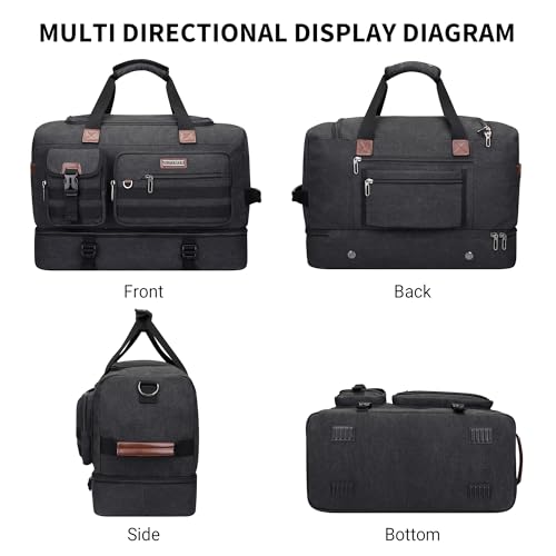 WITZMAN Duffle Bag for Men 50L Travel Canvas Weekender with Toiletry Bag | With Shoe Compartment and Dry-wet Pocket, Convertible, Carry On, One Duffel for Gym, Sports, Overnight, A8010/2 Black - color: Classic Black