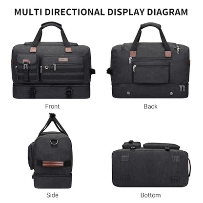WITZMAN Duffle Bag for Men 50L Travel Canvas Weekender with Toiletry Bag | With Shoe Compartment and Dry-wet Pocket, Convertible, Carry On, One Duffel for Gym, Sports, Overnight, A8010/2 Black - color: Classic Black