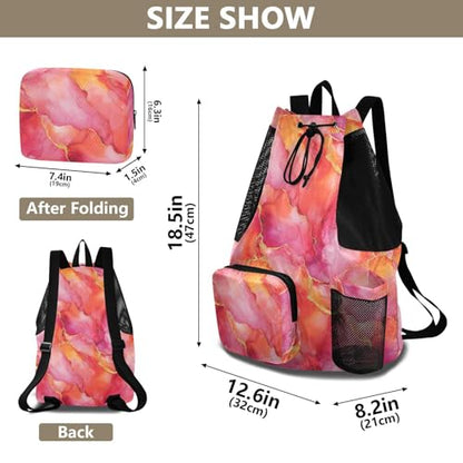 Drawstring Bags Climbing Gym Bag With Water Bottle Pocket String Backpack Bag Waterproof Marble Hot Pink Peach