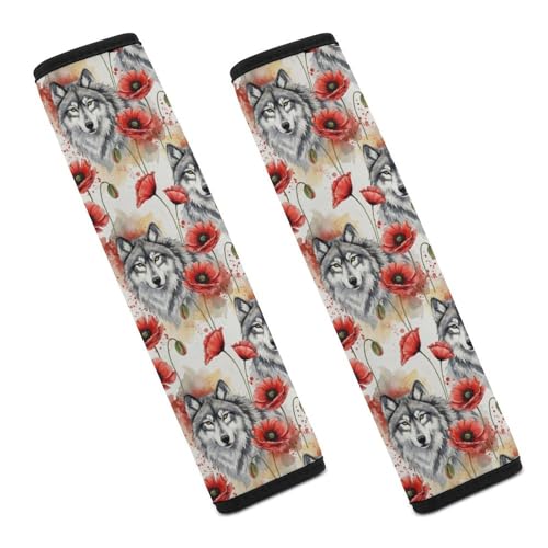 2 Piece Universal Fit Seat Belt Cover for Adult Use, Most Cars, Wolf Flower Animal Print Seat Belt Covers Cushion, Shock Absorption - color: Pattern 159