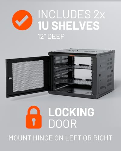 ECHOGEAR 9U Network Rack w/Enclosed Design, Easy Install, 600mm Depth | Enclosed server rack includes pre-mounted fan, 2x 1U shelves, lockable door, wall mountable design, all hardware for install - size: 9U