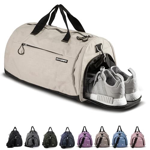Fitgriff® Gym Bag for Men & Women with Shoe & Wet Compartment - Duffle Bag for Travel, Sports, Fitness & Workout - color: Beige, size: 19 x 10 x 10″ (Small)