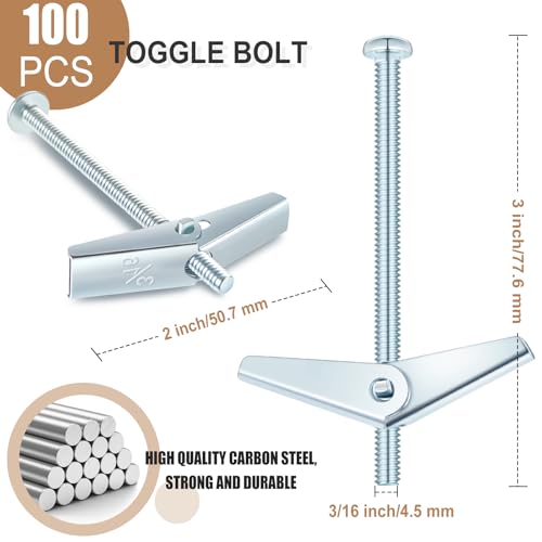 Yaocom 100 Pcs 3/16" x 3" Toggle Bolts Butterfly Screws Anchors Heavy Duty Wall Anchors for Drywall with Wing Nuts for Hanging Heavy Objects on Drywall - size: 3/16" x 3"