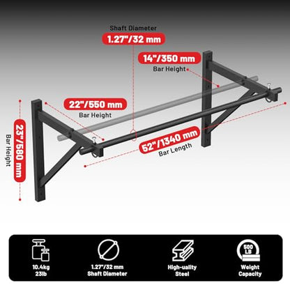 Wall Mounted Pull Up Bar, Chin Up Bar for Home Gym Strength Training | PAPABABE Sturdy Anti-Slip, Knurled Grip, Quick Install, Multi-Grip Versatile, Wall-Mounted Space-Saver 500 Weight Capacity - style: 52 inch