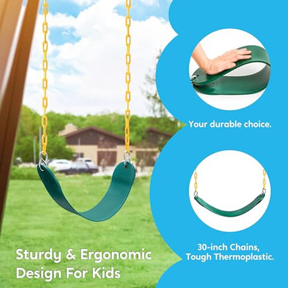 TURFEE 3 Pack Assorted Swing Set, Including 1 Gym Rings Trapeze Bar and 2 Pcs Swings with Plastic Coated Chain, Swingset Accessories Replacement for Kids Outdoor Play, Playground- Green - style: Swing set+1 Gym rings